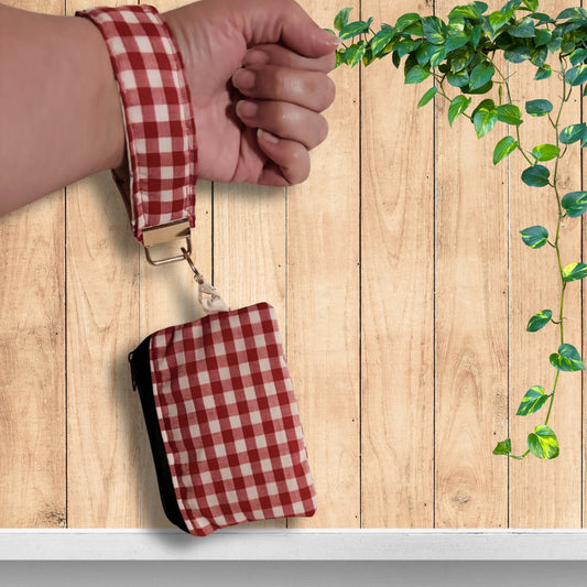 Red and white gingham keychain with wallet wristlet. 