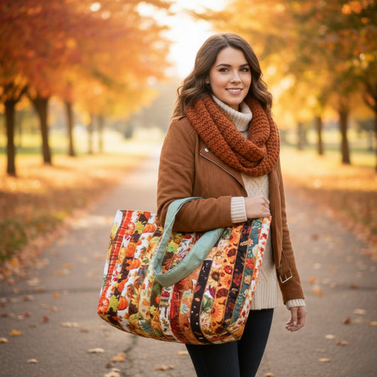 Close-up of a smiling woman holding the Autumn Harvest Quilted Tote Bag on an autumn path. The bag is made from vertical strips of quilted fabric featuring pumpkins, sunflowers, and fall foliage, with a contrasting mint-green handle. This tote is perfect for fall shopping or everyday use