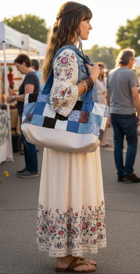 Woman in a flowy dress and denim vest standing at an outdoor market, carrying the Blue Patchwork Quilted Tote Bag over her shoulder. The large bag features patchwork squares in blue, cream, and rustic fabrics, contrasting with a light faux-leather base, showcasing the tote's size and stylish bohemian look.