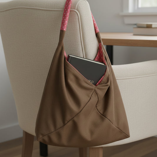 Close-up of the Reversible Slouch Hobo Bag in its solid taupe exterior, hanging on a chair. A dark book is tucked into the large exterior pocket, revealing the pink polka dot lining on the strap, which demonstrates its dual-color design