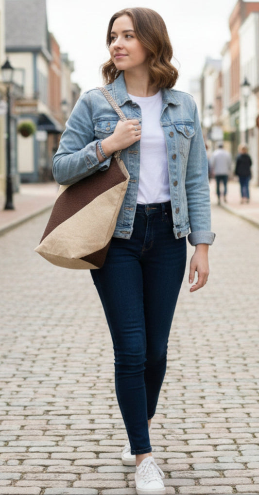 Woman in a denim jacket walking on a cobblestone street, carrying the Taupe and chocolate Brown Diagonal Stripe Tote Bag over her shoulder, showcasing its casual city style and size.