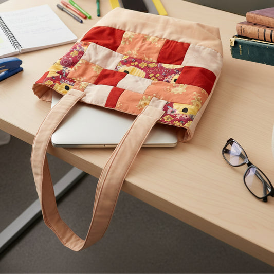 Flat lay of the Red and pink Quilted Patchwork Tote Bag on a wooden desk, placed over a silver laptop. The tote is surrounded by books, glasses, and a stapler, demonstrating its capacity for school or office supplies.
