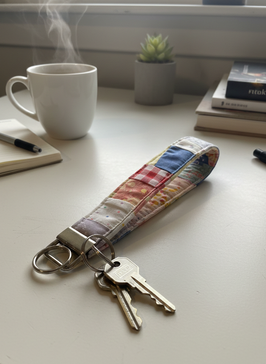 Close-up shot of a quilted fabric wristlet keychain in a colorful patchwork design with keys attached, resting on a white desk next to a steaming mug and notebooks.