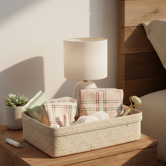 Wooden nightstand with a woven basket containing skincare essentials, including plaid reusable makeup remover cloths, a jade roller, and cotton pads, next to a cozy, diamond-patterned duvet and a lamp. Home decor and self-care organization.